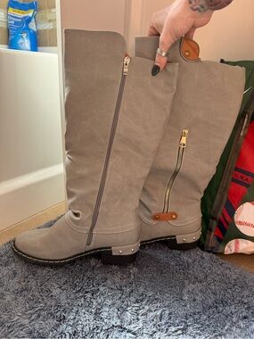 Women's Tall Grey Buckle Zipper Boots